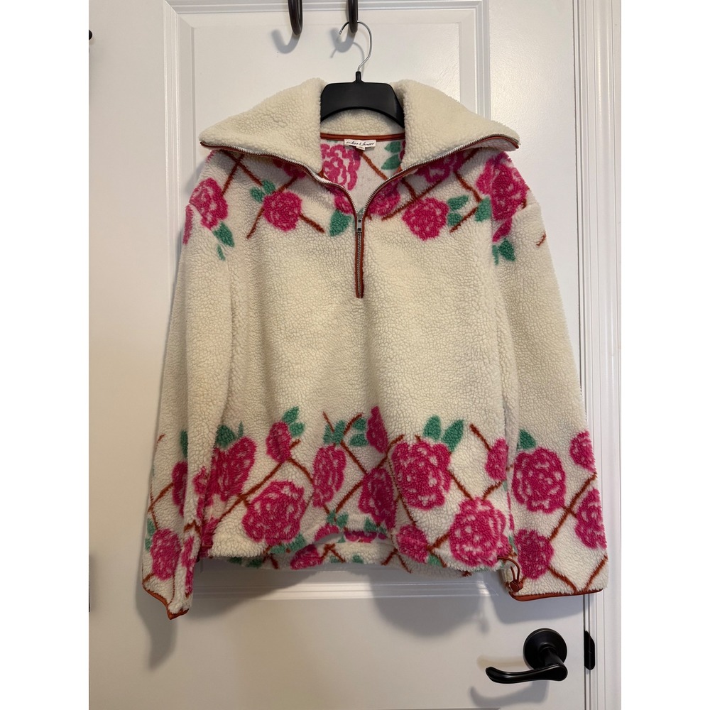 For Love & Lemons Pullover Women XS Cream Pink Floral Excellent Sherpa Fleece